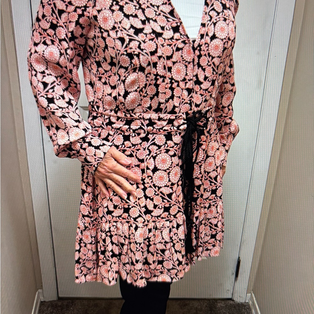 Floral Pink and Black Belted Dress